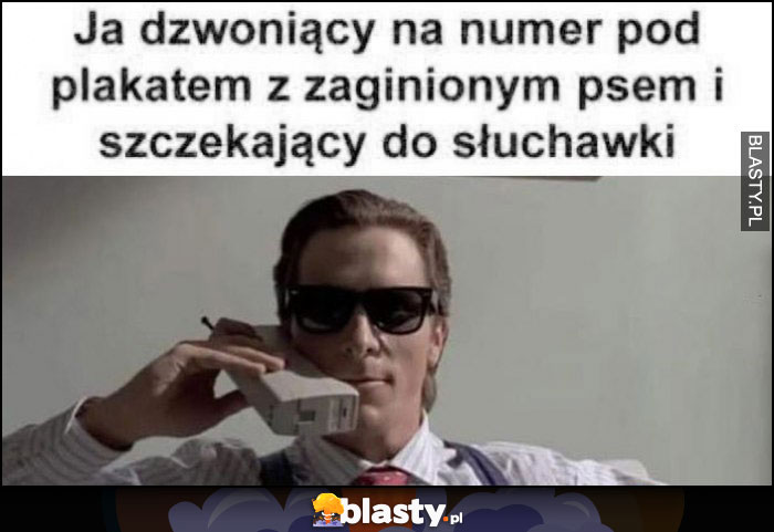 Ja dzwoniący na numer pod plakatem z zaginionym psem i szczekający do słuchawki