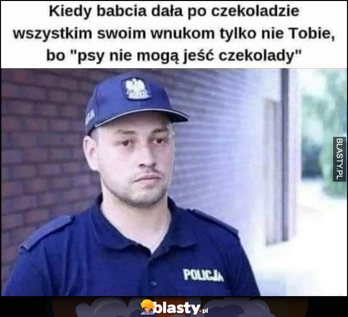 Policjant kiedy babcia dała po czekoladzie wszystkim swoim wnukom tylko nie Tobie, bo psy nie mogą jeść czekolady