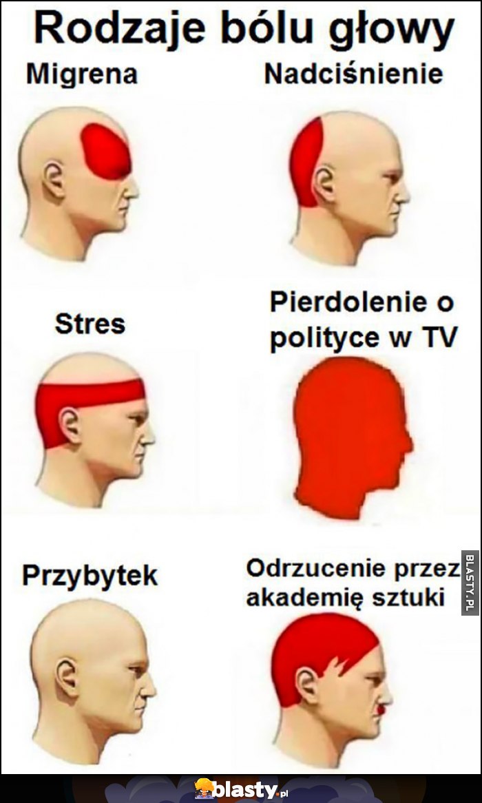 Rodzaje bólu głowy: migrena, nadciśnienie, stres, pieprzenie o polityce w TV, przybytek, odrzucenie przez akademię sztuk pięknych hitler