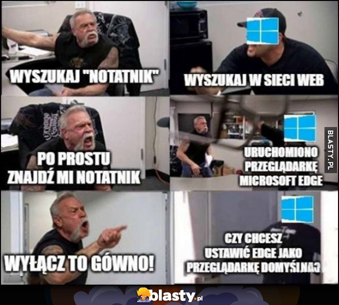 Windows wyszukaj notatnik, wyszukaj w sieci Web, po prostu znajdź mi notatnik, uruchomiono przeglądarkę Microsoft Edge, wyłacz to gówno, czy chcesz ustawić Edge jako przeglądarkę domyślną?