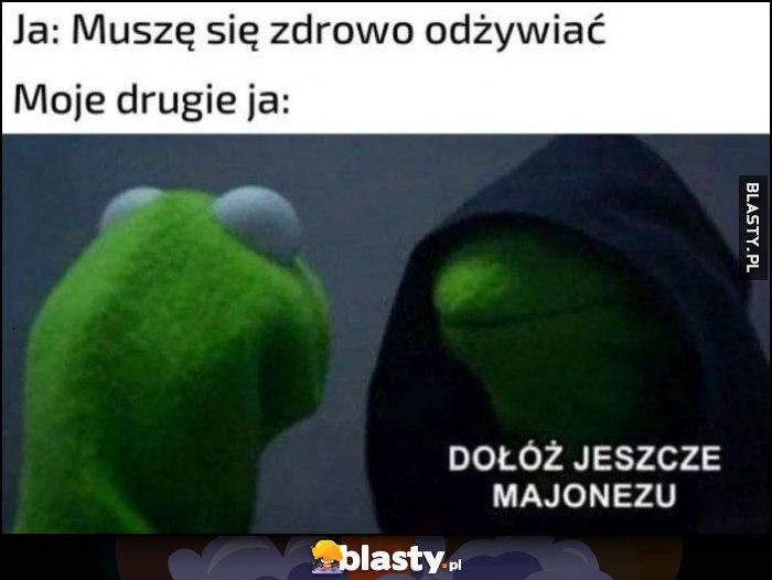 Ja: muszę się zdrowo odżywiać vs moje drugie ja: dołóż jeszcze majonezu Kermit w kapturze