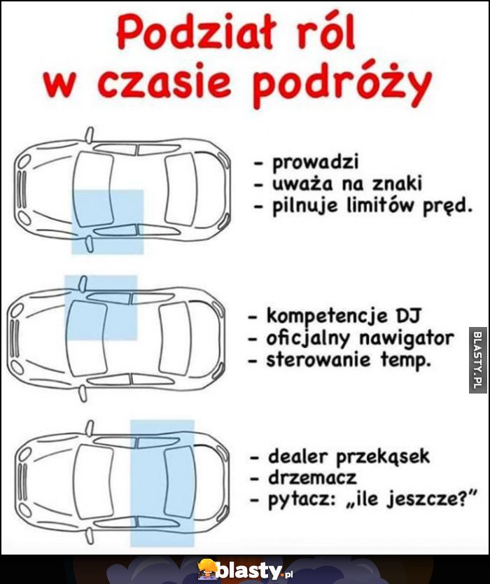 Podział ról w samochodzie w czasie podróży, kierowca, pasażer z przodu, pasażerowie z tyłu