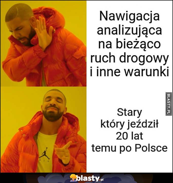 Nawigacja analizująca na bieżąco ruch drogowy i inne warunki vs stary który jeździł 20 lat temu po Polsce Drake