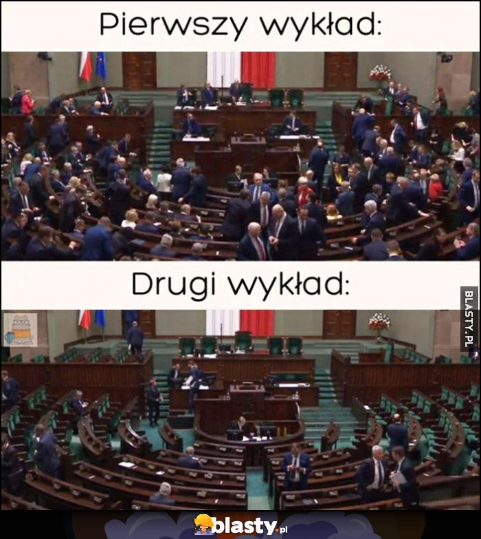 Sala w sejmie: pierwszy wykład pełno ludzi vs drugi wykład pusto