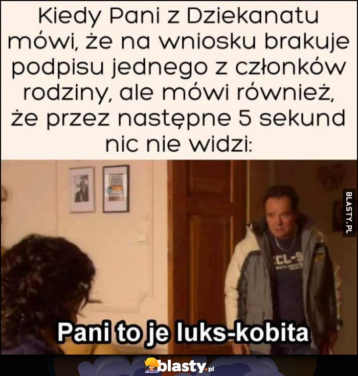 Kiedy pani z dziekanatu mówi, że na wniosku brakuje podspisu jednego z członków rodziny, ale mówi też że przez następne 5 sekund nic nie widzi, pani to je luks-kobita