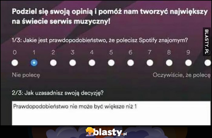 Jakie jest prawdopodobieństwo że polecisz Spotify znajomym? 1, uzasadnienie: prawdopodobieństwo nie może być większe niż 1