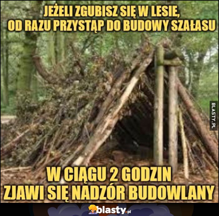 Jeżeli zgubisz się w lesie od razu przystąp do budowy szałasu, w ciągu 2 godzin zjawi sie nadzór budowlany