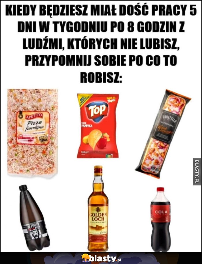 Kiedy będziesz miał dość pracy 5 dni w tygodniu po 8 godzin z ludźmi, których nie lubisz, przypomnij sobie po co to robisz: tanie jedzenie