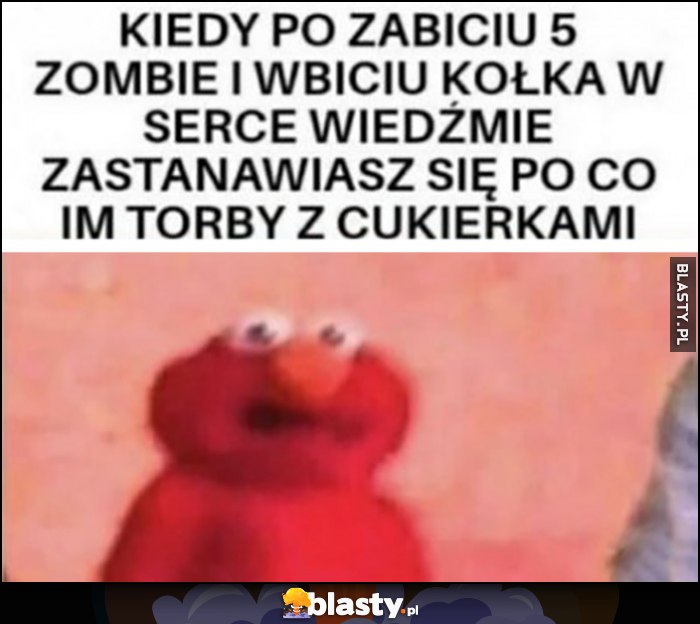 Kiedy po zabiciu 5 zombie i wbiciu kołka w serce wiedźmie zastanawiasz się po co im torby z cukierkami Elmo