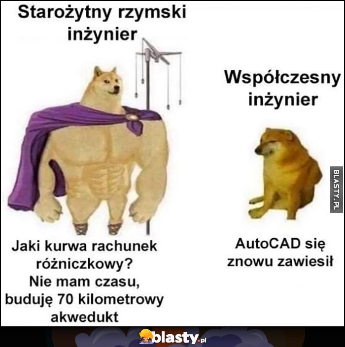 Starożytny rzymski inżynier: jaki rachunek różniczkowy, nie mam czasu buduję 70 kilometrowy akwedukt vs współczesny: autoCAD się znowu zawiesił pies pieseł doge