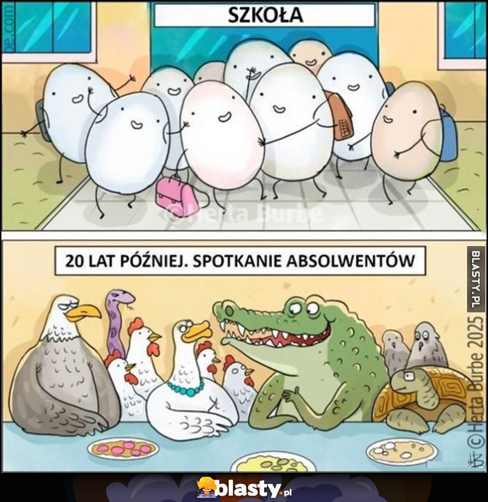 Szkoła jajka vs 20 lat później spotkanie absolwentów różne zwierzęta