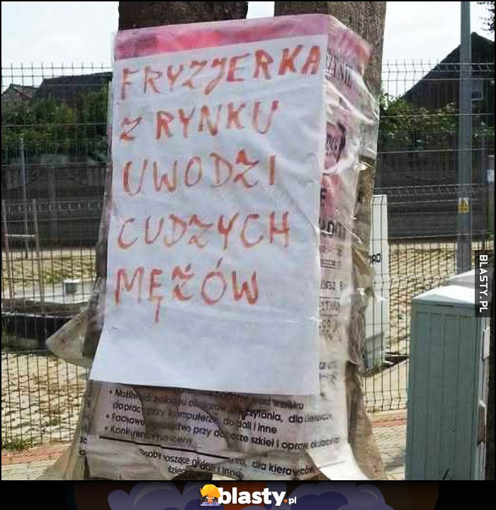 Fryzjerka z rynku uwodzi cudzych mężów napis na słupie