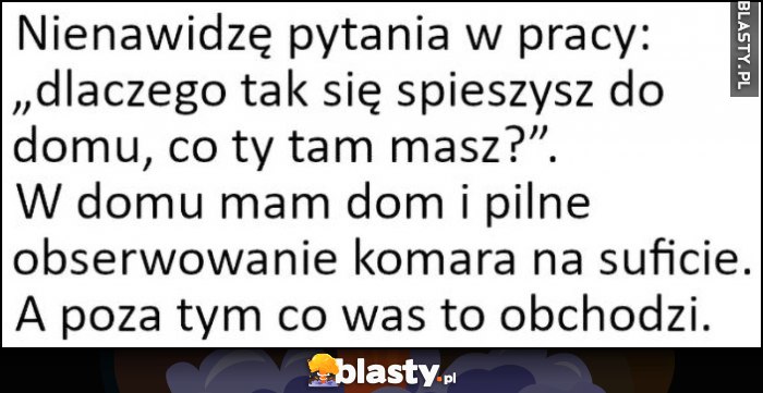 Nienawidzę pytania w pracy: dlaczego tak się spieszysz do domu? W domu mam dom i pilne obserwowanie komara na suficie, co was to obchodzi