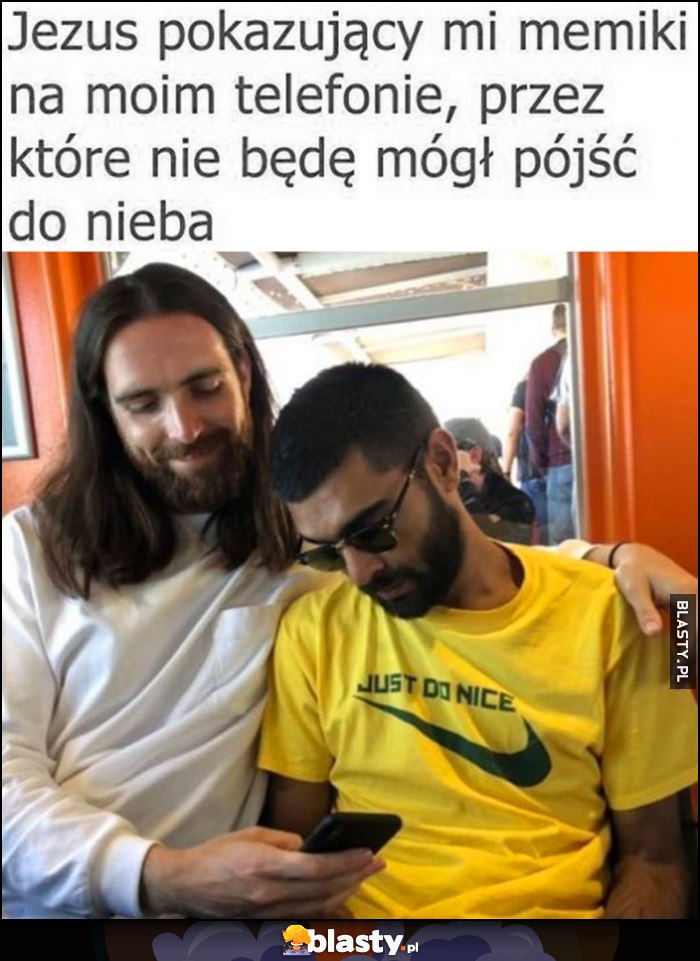Jezus pokazujący mi memiki na moim telefonie, przez które nie będę mógl pójść do nieba