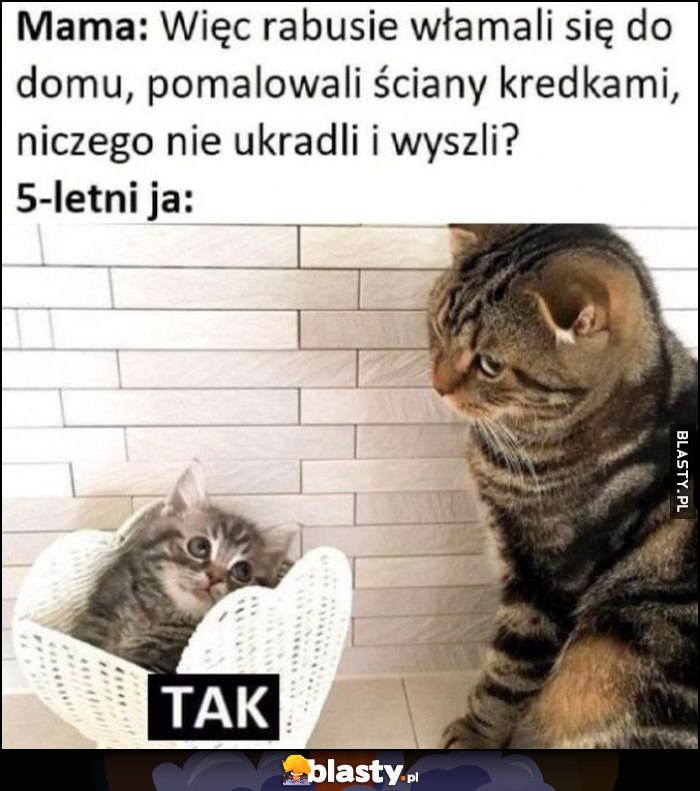 Mama: więc rabusie włamali się do domu, pomalowali ściany kredkami, niczego nie ukradli i wyszli? 5-letni ja: tak