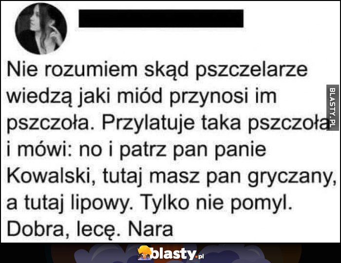 Nie rozumiem skąd pszczelarze wiedzą jaki miód przynosi im pszczoła, przylatuje i mówi patrz pan tu masz gryczany, a tu lipowy, tylko nie pomyl