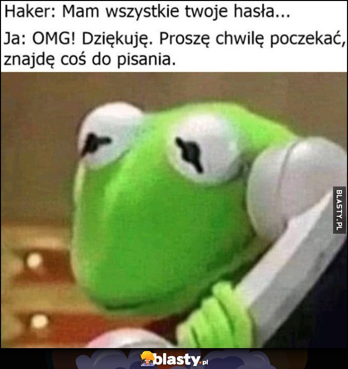Haker: mam wszystkie twoje hasła. Ja: proszę chwilę poczekać, znajdę coś do pisania Kermit
