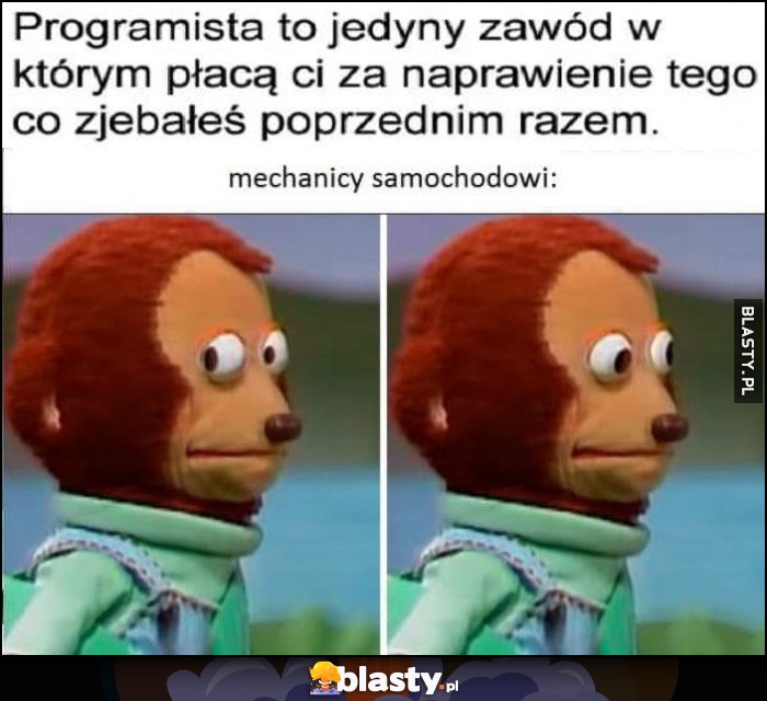 Programista to jedyny zawód w którym płacą ci za naprawienie tego co zjechałeś poprzednim razem tymczasem mechanicy samochodowi reakcja