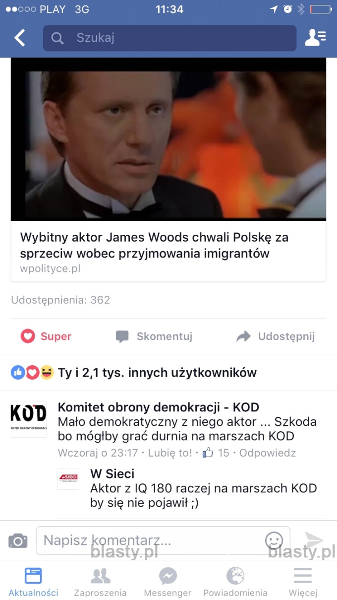 James woods chwali polskę