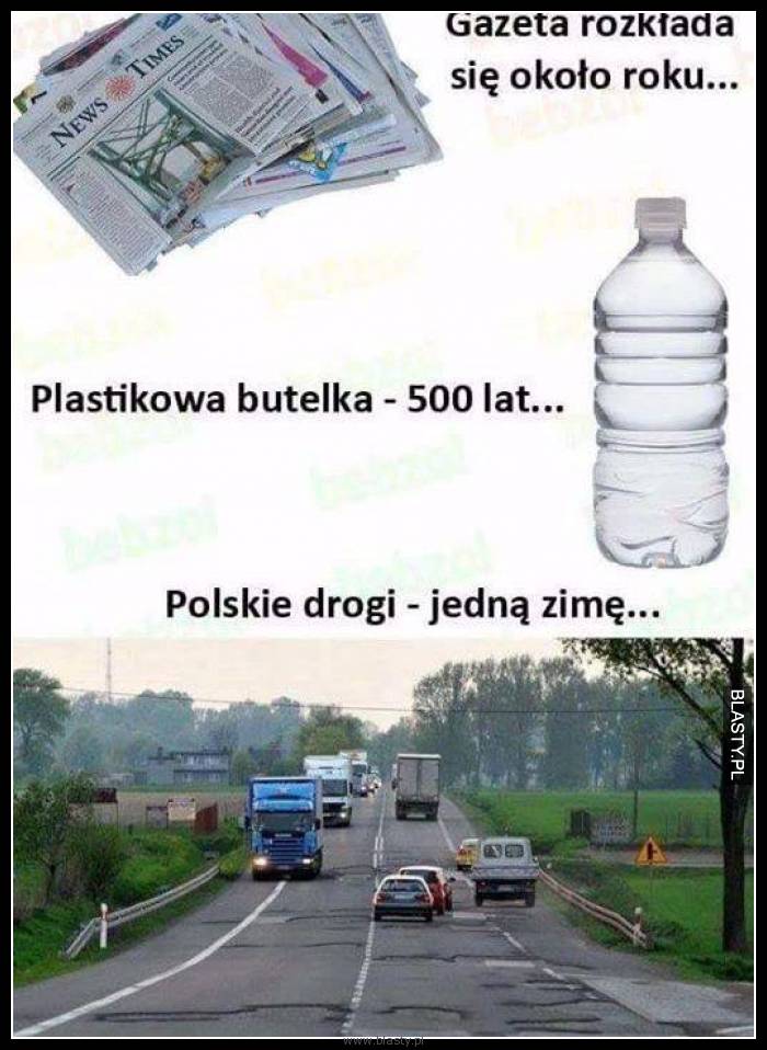 Gazeta rozkłada się około roku, plastikowa butelka 500 lat, polskie drogi jedną zimę