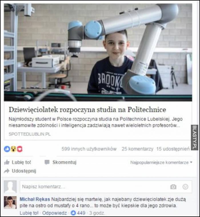 Dziewięciolatek zaczyna studia na politechnice - mistrzowski komentarz jednej z osób pod artykułem