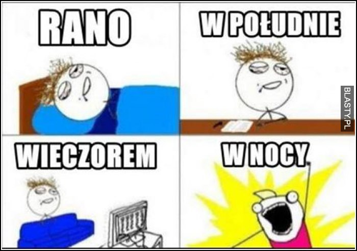 rano w południe, wieczorem