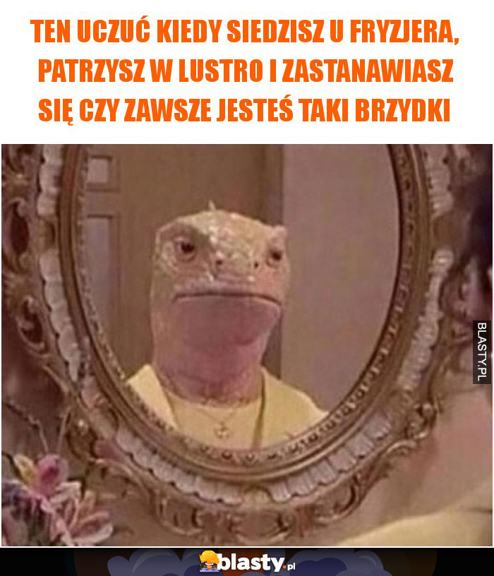 Ten uczuć kiedy siedzisz u fryzjera, patrzysz w lustro