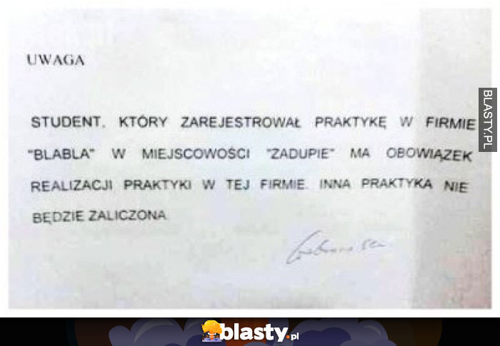 Student, który zarejestrował praktykę w firmie blabla