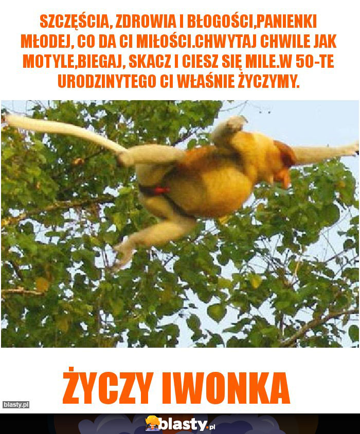 Szczęścia, zdrowia i błogości,panienki młodej, co da ci miłości.Chwytaj chwile jak motyle,biegaj, skacz i ciesz się mile.W 50-te urodzinytego ci właśnie życzymy.