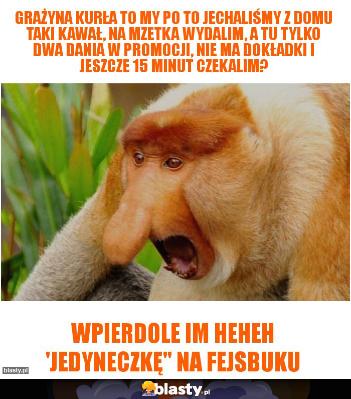 Grażyna kurła to my po to jechaliśmy z domu taki kawał, na mzetka wydalim, a tu tylko dwa dania w promocji, nie ma dokładki i jeszcze 15 minut czekalim? Grażyna kurła to my po to jechaliśmy z domu taki kawał, na mzetka wydalim, a tu tylko dwa dania w promocji, nie ma dokładki i jeszcze 15 minut czekalim?