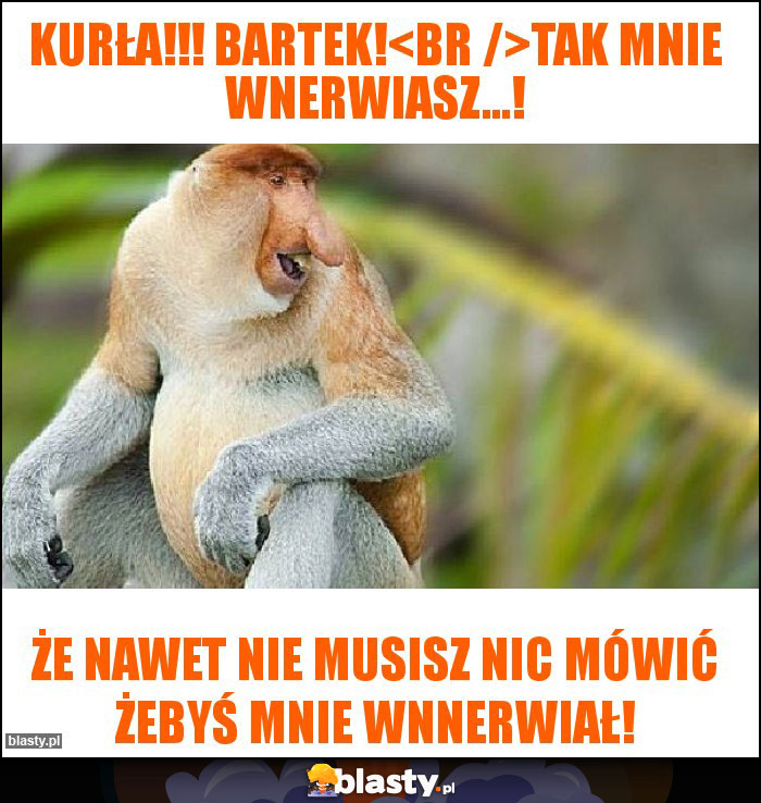 Kurła!!! Bartek!
Tak mnie wnerwiasz...! Kurła!!! Bartek!
Tak mnie wnerwiasz...!