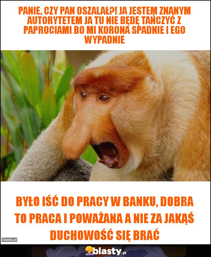 Panie, czy pan oszalał?! Ja jestem znanym autorytetem ja tu nie będę tańczyć z paprociami bo mi korona spadnie i ego wypadnie Panie, czy pan oszalał?! Ja jestem znanym autorytetem ja tu nie będę tańczyć z paprociami bo mi korona spadnie i ego wypadnie
