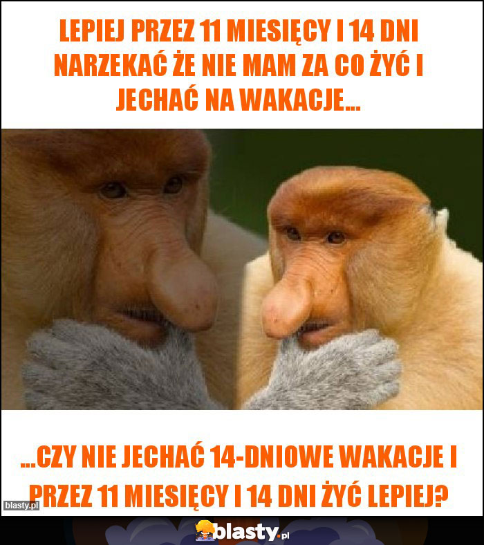 Lepiej przez 11 miesięcy i 14 dni narzekać że nie mam za co żyć i jechać na wakacje... Lepiej przez 11 miesięcy i 14 dni narzekać że nie mam za co żyć i jechać na wakacje...