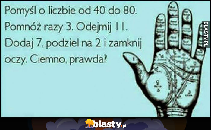 Pomyśl o liczbie od 40 do 80, ponóż razy 3, odejmij 11, dodaj 7, podziel na 2 i zamknij oczy. Ciemno, prawda?