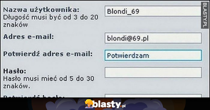 Blondi zakłada konto, potwierdź adres e-mail: potwierdzam