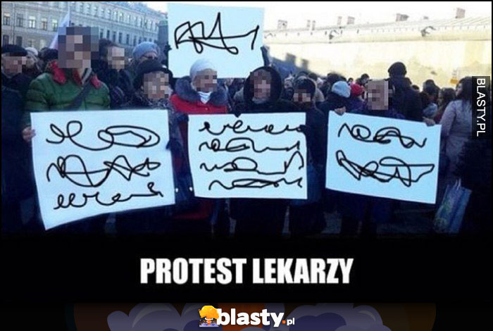Protest lekarzy nieczytelne hasła napisane na transparentach bazgroły