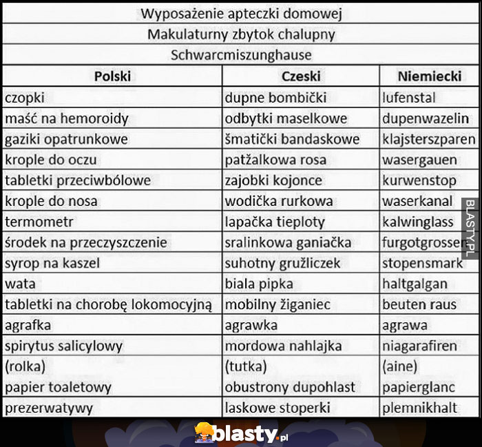 Wyposażenie apteczki domowej tłumaczenie nazw na czeski i niemiecki