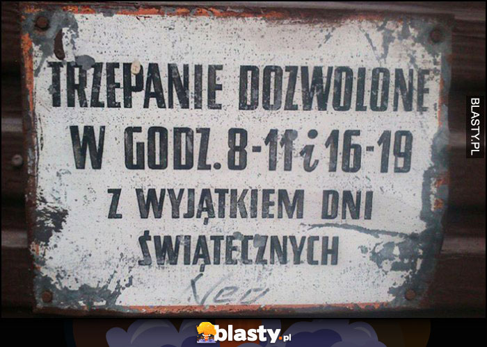 Trzepanie dozwolone w godzinach 8-11 i 16-19 z wyjątkiem dni świątecznych tabliczka napis