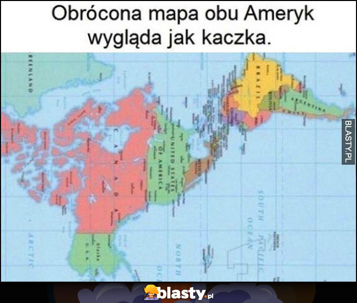 Obrócona mapa obu Ameryk wygląda jak kaczka ciekawostka