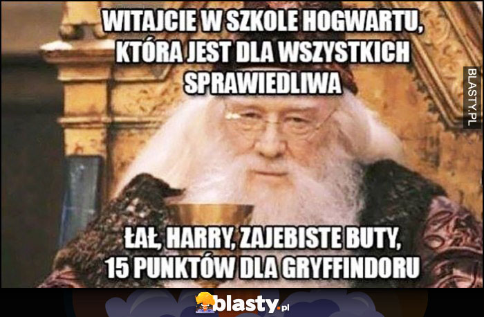 Dumbledore: Harry Potter witajcie w szkole Hogwart, która jest dla wszystkich sprawiedliwa. Harry zarąbiste buty 15 punktów dla Gryffindoru