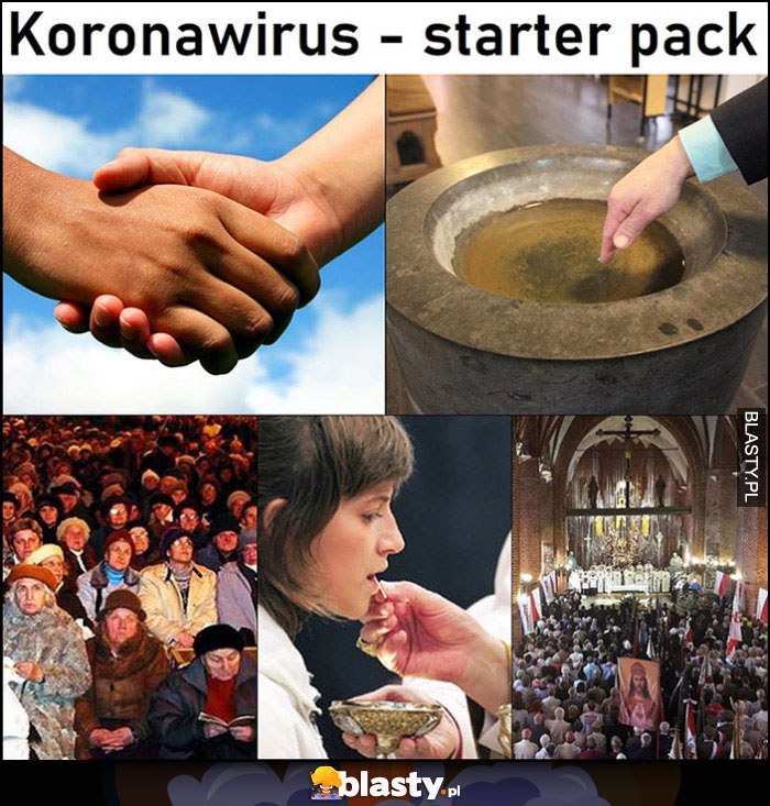 Koronawirus starter pack w kościele: komunia, znak pokoju, woda święcona, skupisko ludzi