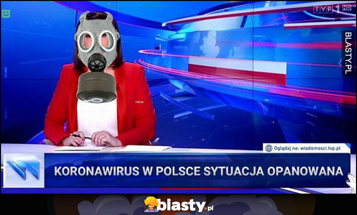 Koronawirus w Polsce sytuacja opanowana Wiadomości TVP prezenterka w masce gazowej memy, gify i śmieszne obrazki facebook, tapety, demotywatory zdjęcia