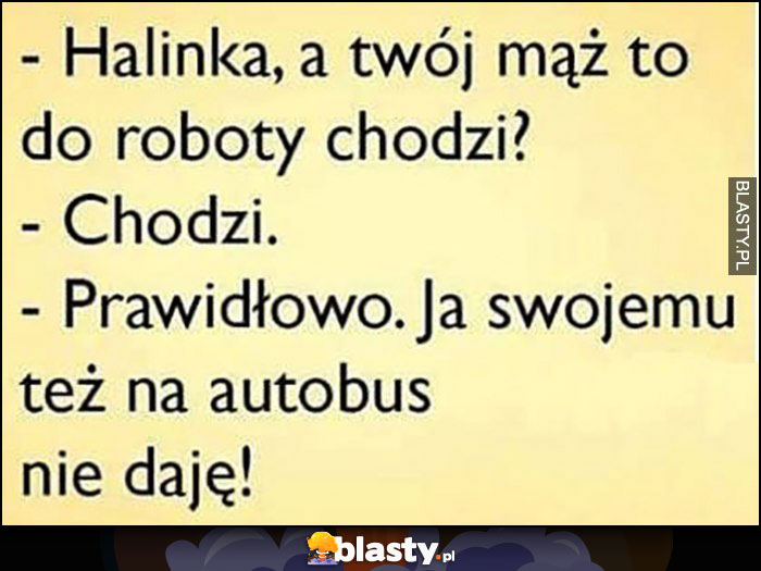 Halinka a twój mąż to do roboty chodzi? Chodzi. Prawidłowo, ja swojemu też na autobus nie daję!