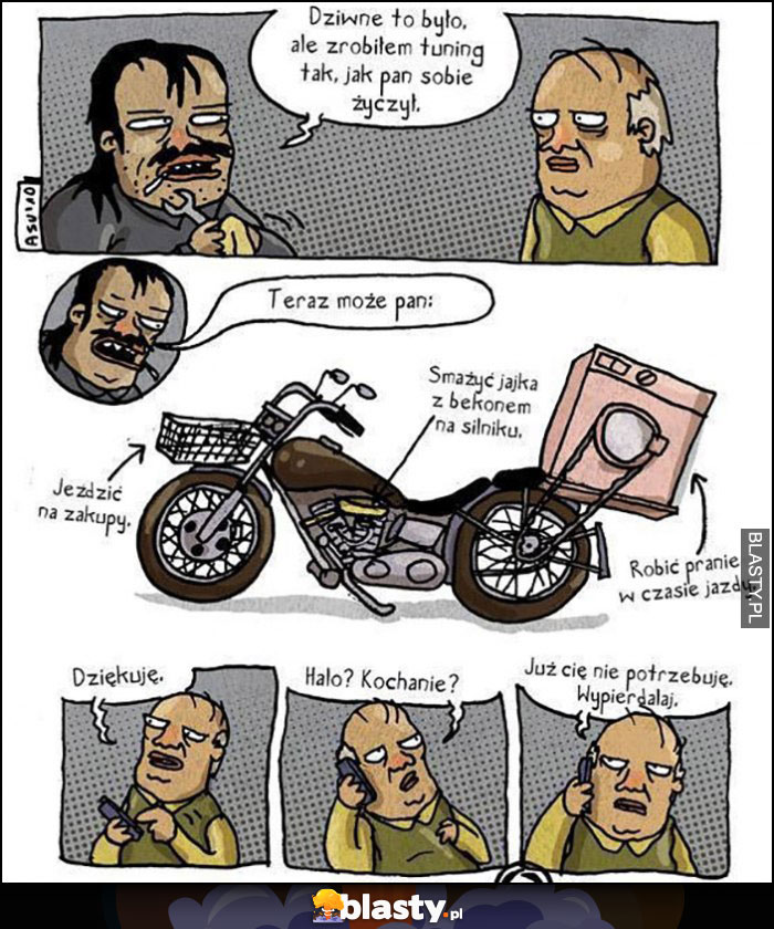 Tuning motocykla koszyk, pralka, patelnia, halo kochanie już Cię nie potrzebuję komiks