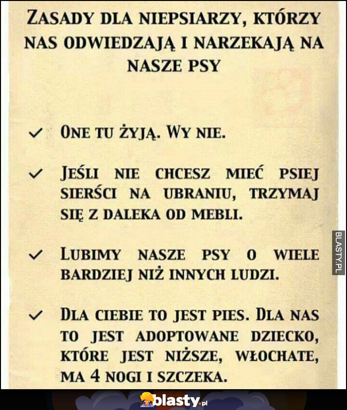 Zasady dla niepsiarzy którzy nas odwiedzają i narzekają na nasze psy: one tu żyją wy nie, lubimy nasze psy bardziej niż innych ludzi