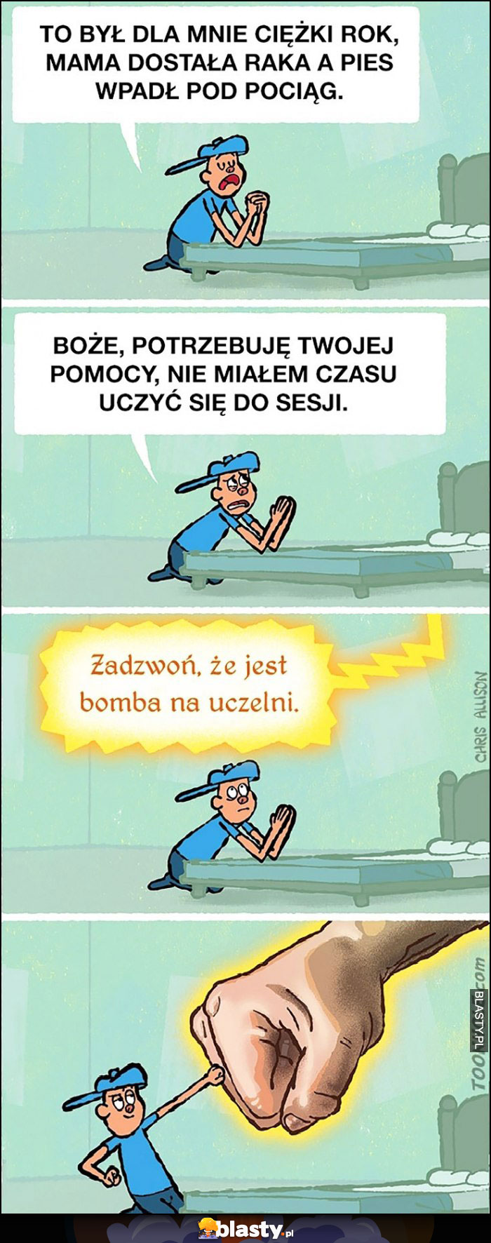 Boże potrzebuję Twojej pomocy, nie miałem czasu uczyć się do sesji, zadzwoń że jest bomba na uczelni komiks