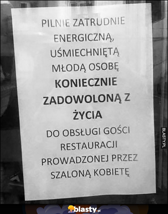 Pilnie zatrudnię energiczną, uśmiechnętą młodą osobę, koniecznie zadowoloną z życia do obsługi gości restauracji prowadzonej przez szaloną kobietę