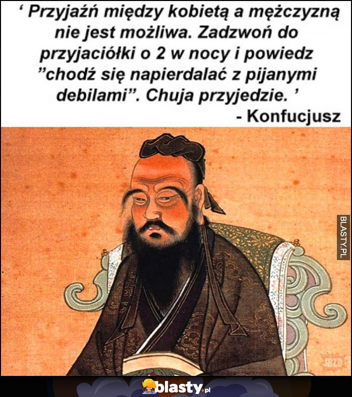 Przyjaźń między kobietą a mężczyzną nie jest możliwa, zadzwoń do przyjaciółki i poproś o pomoc w walce z pijanymi debilami, nie przyjdzie - Konfucjusz cytat