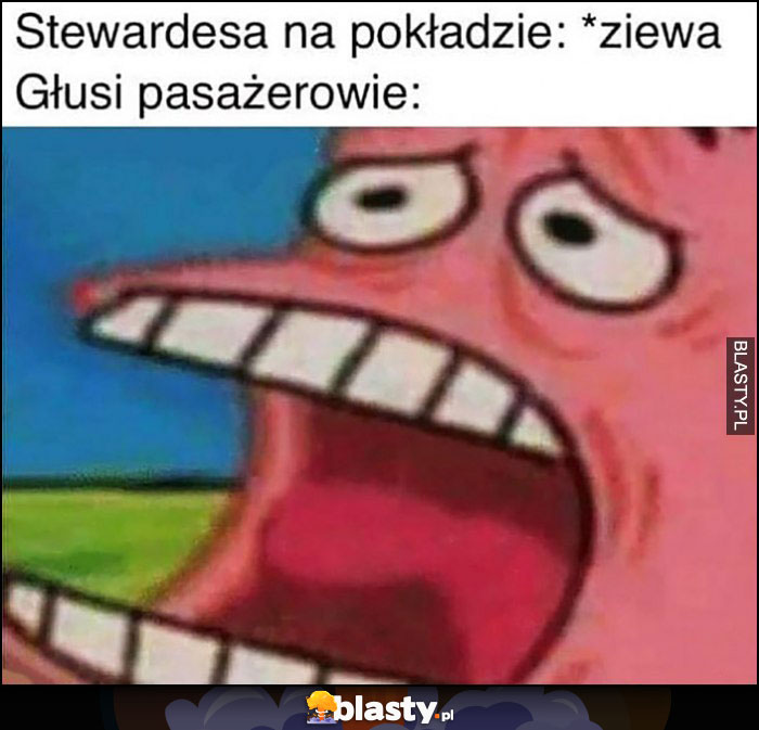 Stewardesa na pokładzie ziewa, głusi pasażerowie przerażeni