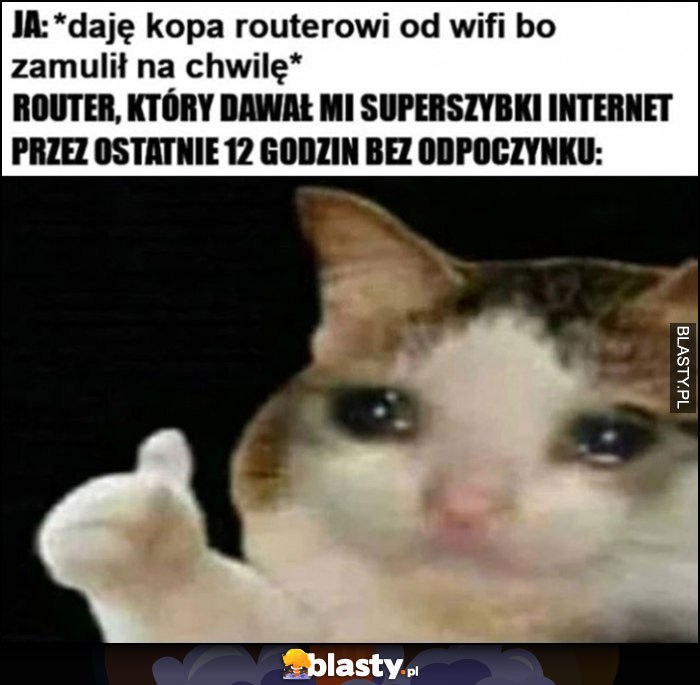 Ja: daję kopa routerowi od wifi bo zamulił na chwilę, router który dawał mi superszybki internet przez ostatnie 12 godzin bez odpoczynku kot